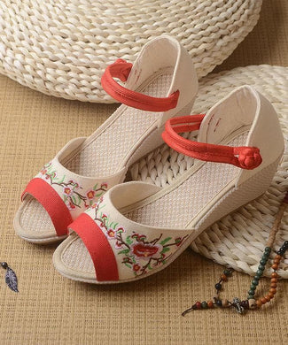White Embroideried Sandals SplicingBuckle Strap Wedge Sandals LX210723