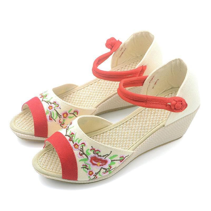 White Embroideried Sandals SplicingBuckle Strap Wedge Sandals LX210723