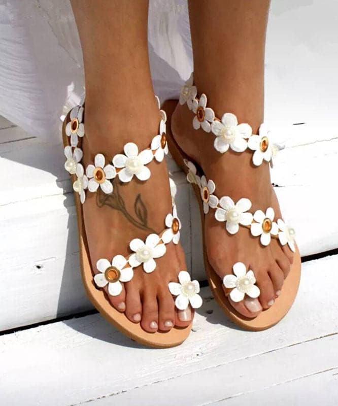 White Flower Faux Leather Sandals Cross Strap Sandals For Women Boho-LX220531