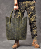 Women Blackish Green Oracle-Bone Inscriptions Embossing Calf Leather Satchel Handbag ZP-BGS220816