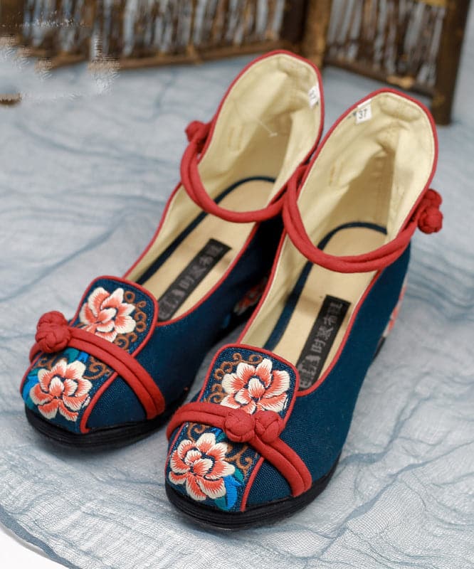 Women Blue High Wedge Heels Shoes Wedge Embroideried Comfy Cotton Fabric Buckle Strap High Wedge Heels Shoes BX-PG220407