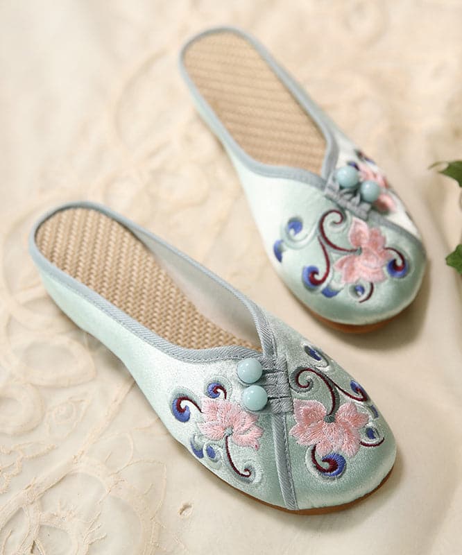 Women Green Embroideried Button Cotton Fabric Slide Sandals SHOE-LT220328