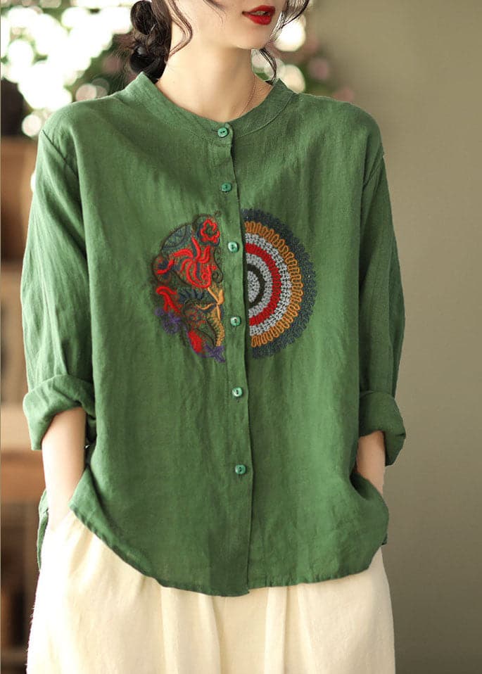 Women Green Embroideried asymmetrical design Linen Shirts Spring GK-LTP220127