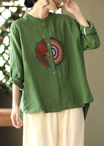 Women Green Embroideried asymmetrical design Linen Shirts Spring GK-LTP220127