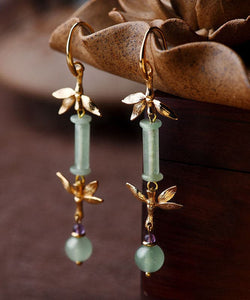 Women Green Jade Bamboo 14K Gold Tassel Drop Earrings Jew-EAR220805