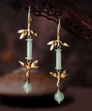 Women Green Jade Bamboo 14K Gold Tassel Drop Earrings Jew-EAR220805