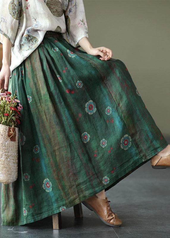 Women Green Print Ramie Elastic Waist Skirt GK-SKTS210708-210819