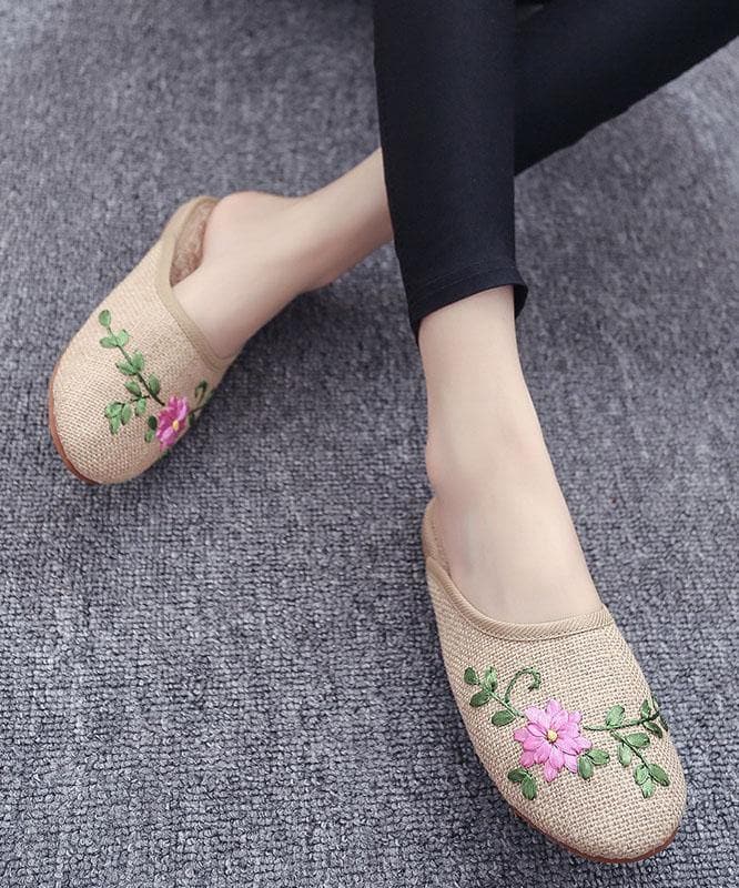 Women Khaki Embroideried Linen Fabric Slippers Shoes LT210723