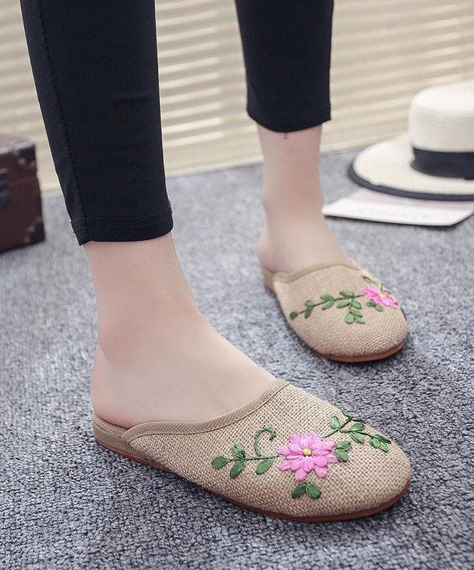 Women Khaki Embroideried Linen Fabric Slippers Shoes LT210723