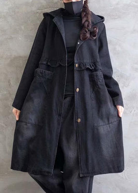 Women Plus Size Overcoat Denim Black Hooded Ruffles Outwear TCT210101
