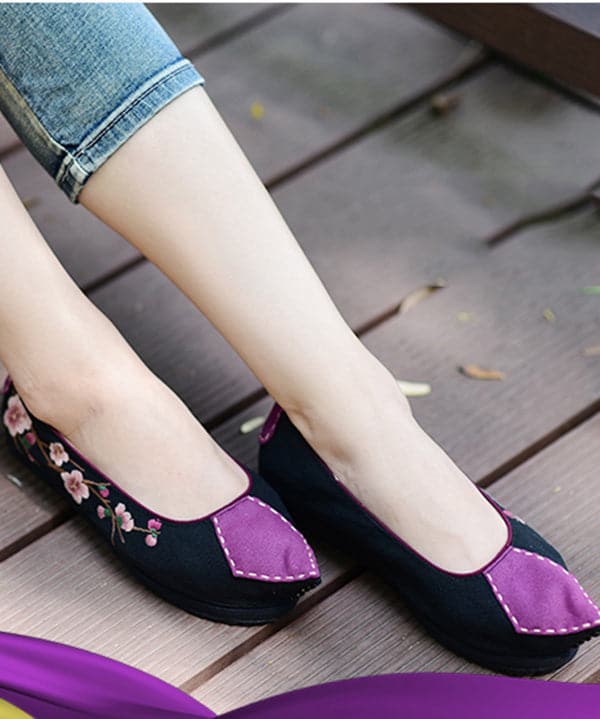 Women Pointed Toe Flat Shoes For Women Black Cotton Fabric Embroideried Splicing Flats BX-PDX220407