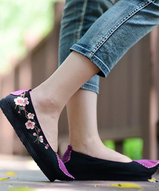 Women Pointed Toe Flat Shoes For Women Black Cotton Fabric Embroideried Splicing Flats BX-PDX220407