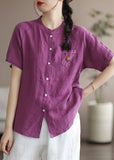 Women Purple Embroideried Pocket Linen Shirt Top Short Sleeve GK-STP220523