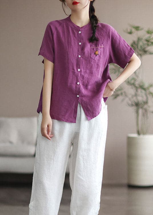 Women Purple Embroideried Pocket Linen Shirt Top Short Sleeve GK-STP220523