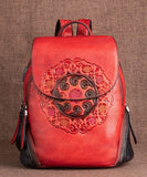 Women Red Embossing Paitings Calf Leather Backpack Bag BGS211230