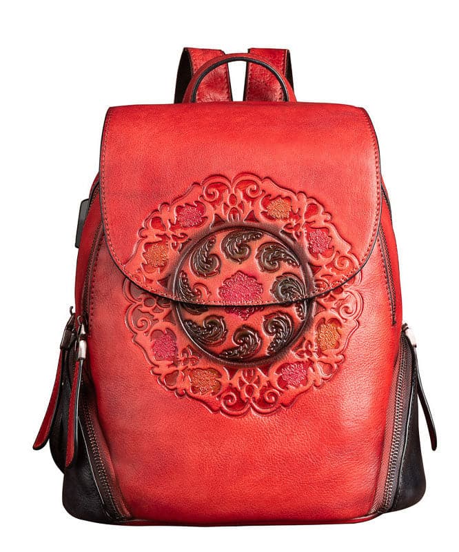 Women Red Embossing Paitings Calf Leather Backpack Bag BGS211230