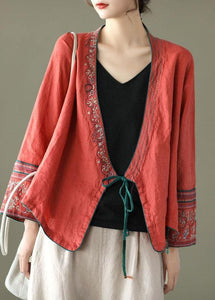 Women Red Embroideried Long sleeve Linen Shirt GK-LTP210715