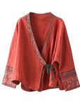 Women Red Embroideried Long sleeve Linen Shirt GK-LTP210715