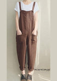 Women Solid Color Cotton Strappy Pocket Loose Harem Jumpsuit dylinoshop