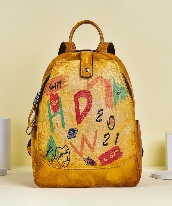 Women Yellow Graffiti Paitings Calf Leather Backpack Bag BGS211230