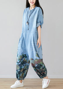 Women light Blue pockets O-Neck Print denim Jumpsuit Spring dylinoshop
