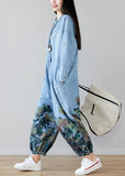 Women light Blue pockets O-Neck Print denim Jumpsuit Spring dylinoshop