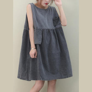 Women o neck Cinched Cotton dresses Fabrics denim gray Dresses WG-SDM200601