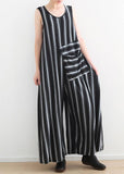 Women sleeveless big pockets cotton quilting pants Sleeveless black striped Plus Size jumpsuit pants summer dylinoshop