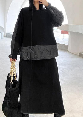 Women's Retro Winter Fashion Black Patchwork sweater skirt two piece set AT-FDL201202