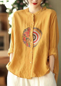 Yellow Button Casual Linen Shirt Tops Stand Collar Long Sleeve GK-LTP220127