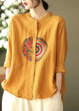 Yellow Button Casual Linen Shirt Tops Stand Collar Long Sleeve GK-LTP220127