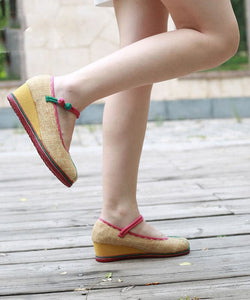 Yellow High Wedge Heels Shoes Chunky Cotton Fabric Retro Buckle Strap High Wedge Heels Shoes BX-XZ-PG20220401