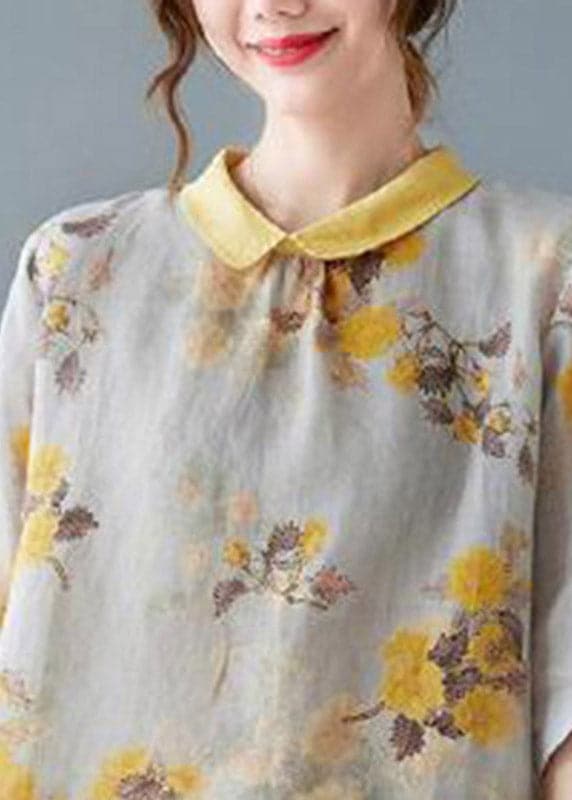 Yellow Peter Pan Collar Print Tops Half Sleeve GK-HTP220419