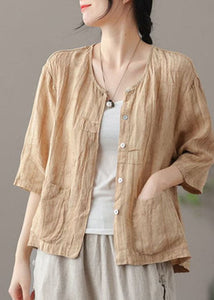 Yellow Solid Patchwork Linen Shirt Tops Pockets Bracelet Sleeve GK-LTP220516