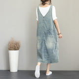 boutique denim light blue natural cotton dress oversize sleeveless gown vintage patchwork prints dresses SDL180727
