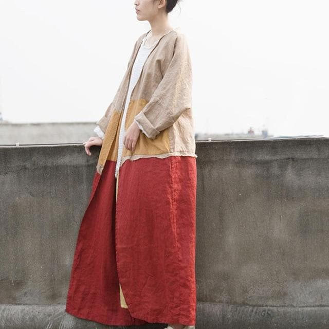 Color Block Long Linen Cardigan | Lotus dylinoshop