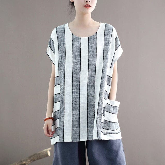 Cotton and Linen Oversized Striped T-Shirt dylinoshop