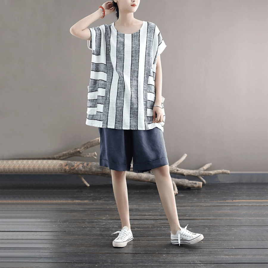 Cotton and Linen Oversized Striped T-Shirt dylinoshop