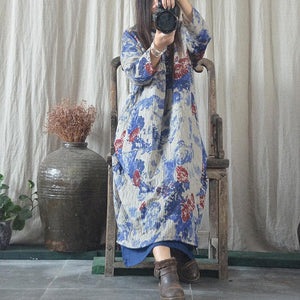 National Chinese V-neck Cotton Linen Dress Buddha Trends
