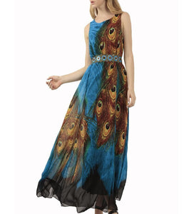 Blue Peacock Chiffon Boho Maxi Dress dylinoshop