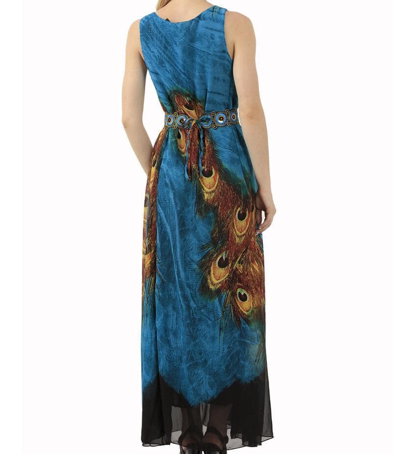 Blue Peacock Chiffon Boho Maxi Dress dylinoshop