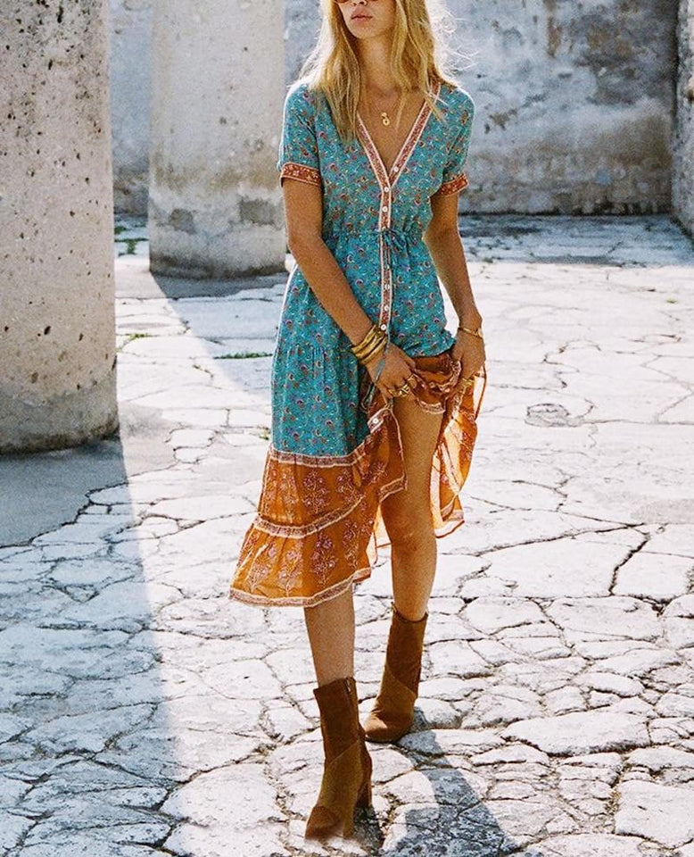 Boho Hippie Floral Printed Midi Dress dylinoshop