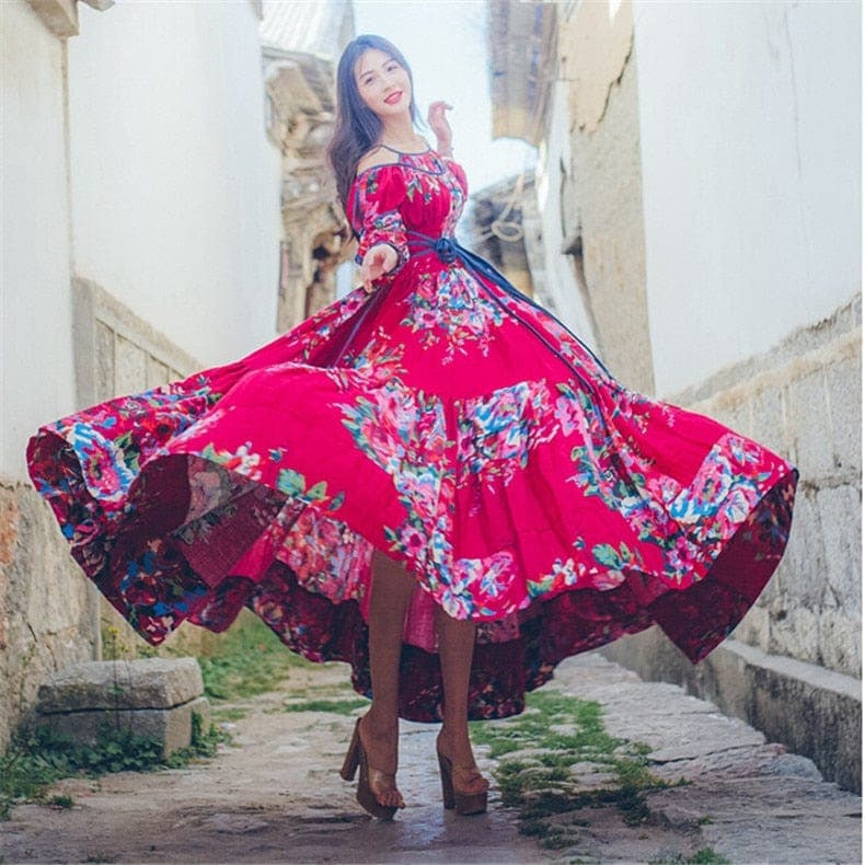 Fit and Flare Red Floral Gypsy Dress | Mandala dylinoshop