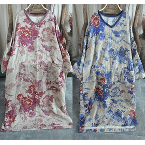 National Chinese V-neck Cotton Linen Dress Buddha Trends