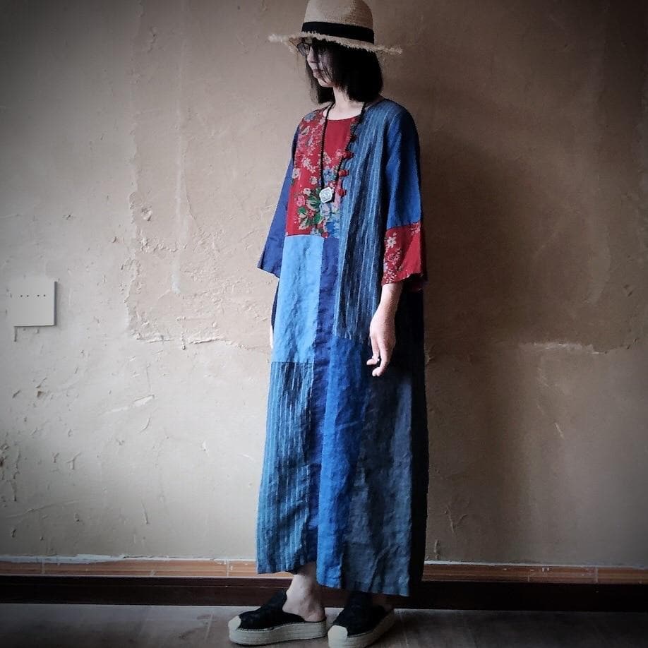 Patchwork Cotton Linen Dress | Hippie Buddha Trends