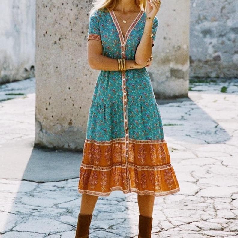Boho Hippie Floral Printed Midi Dress dylinoshop
