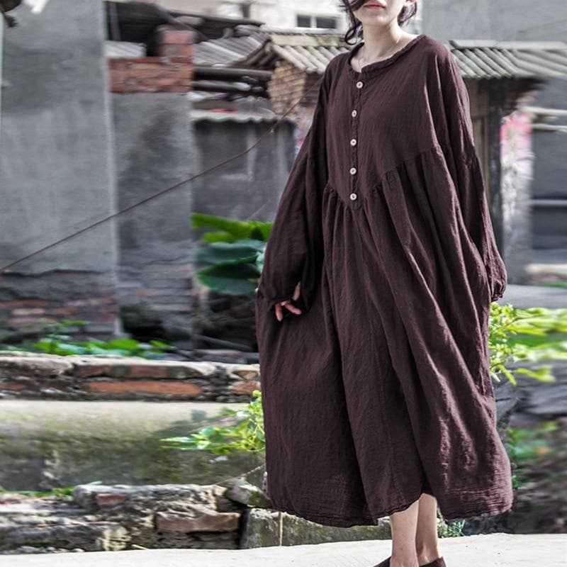 Pleated Linen Dress with Lantern Sleeves | Lotus Buddha Trends