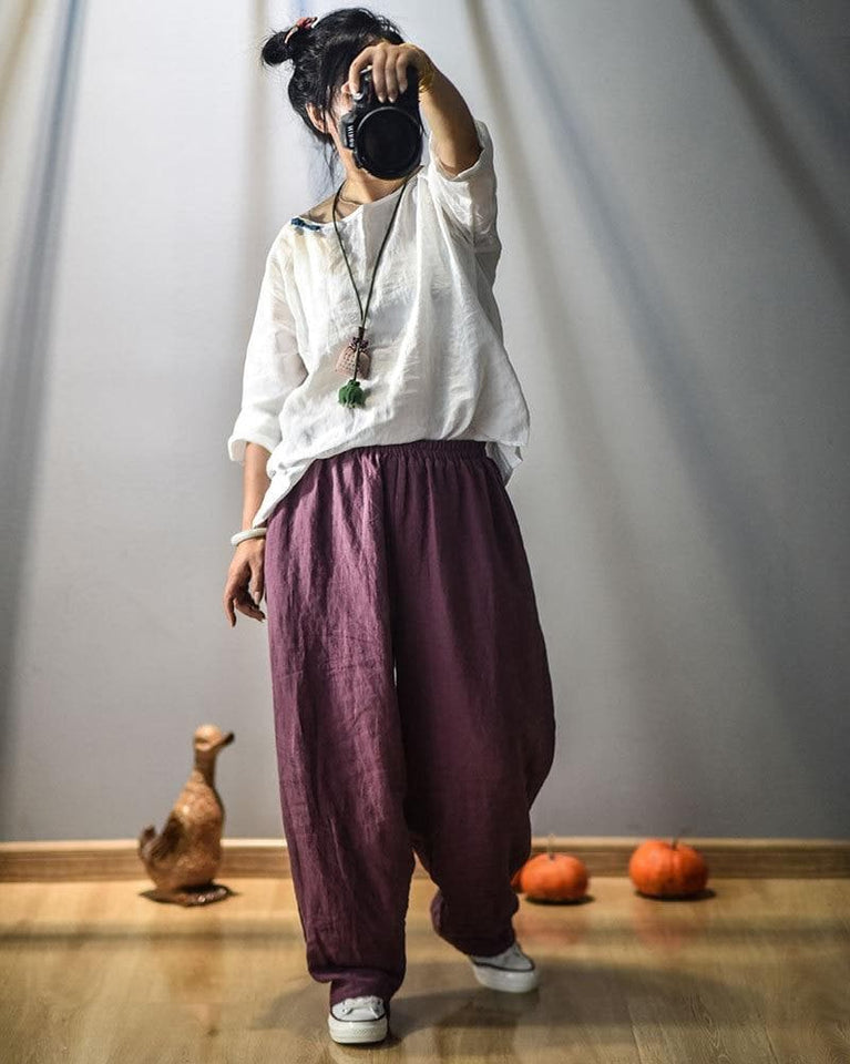 Elastic Waist Linen Trousers | Hippie dylinoshop