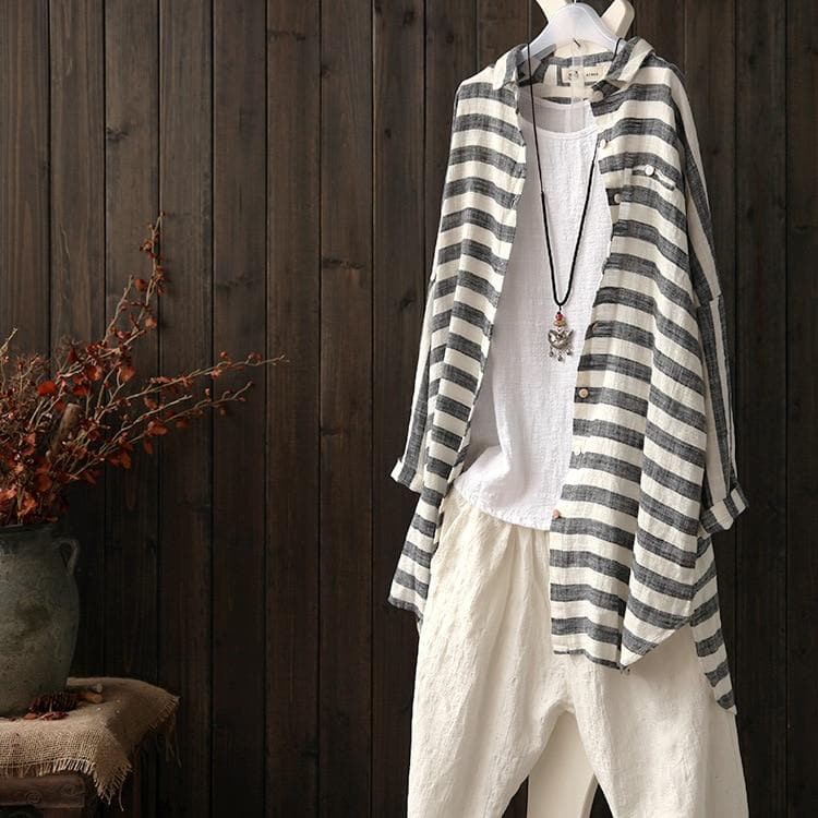 Grey and White Striped Linen Shirt  | Zen dylinoshop