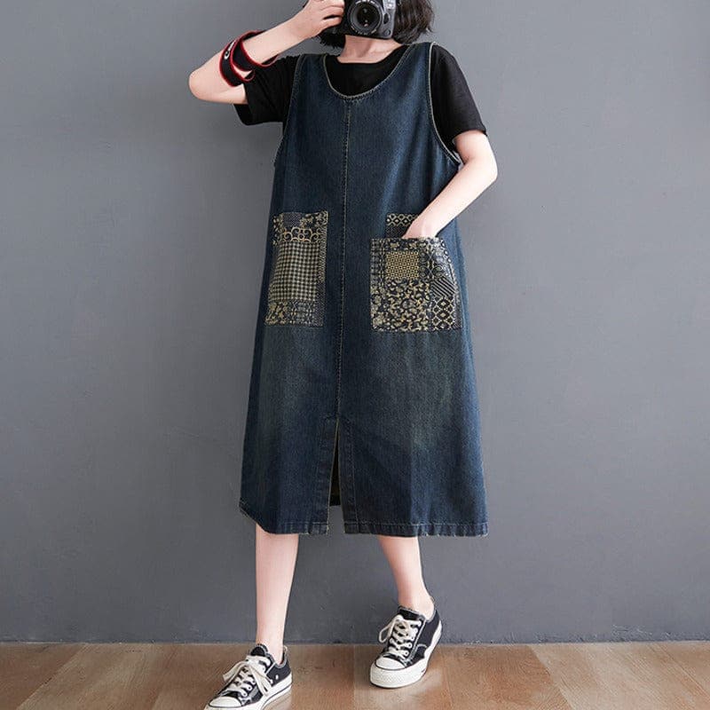Denim Patchwork Midi Overall Dress dylinoshop